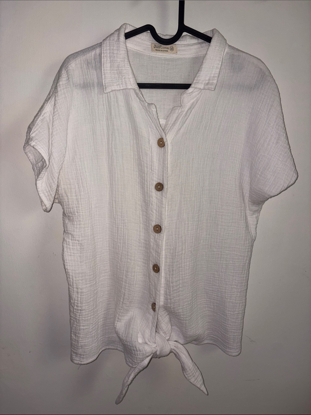 Just Living White Button-Front Tie Hem Gauze Shirt